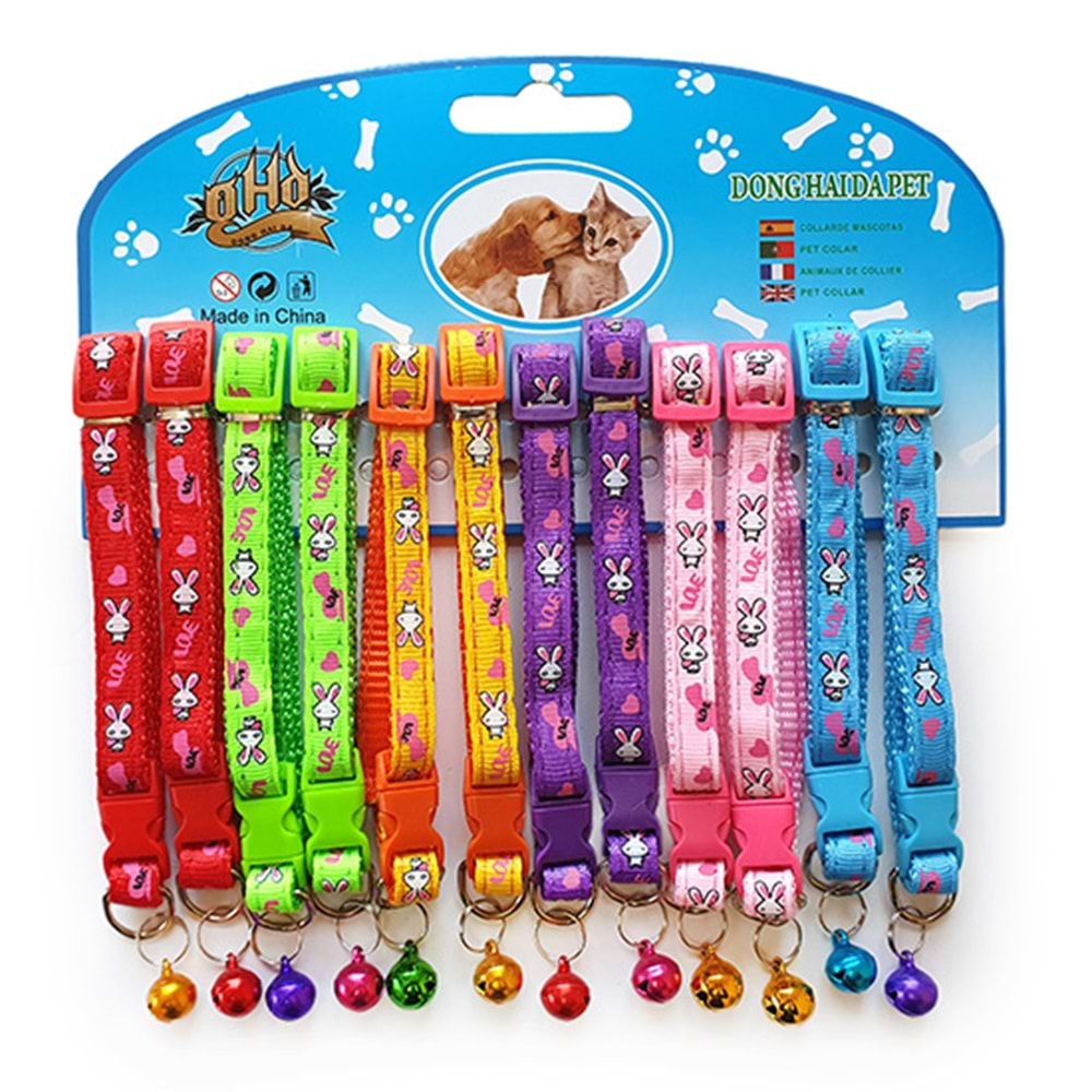 D-PETS TAVŞAN DESEN ZİLLİ KEDİ BOYUN TASMASI 12 Lİ KARTELA