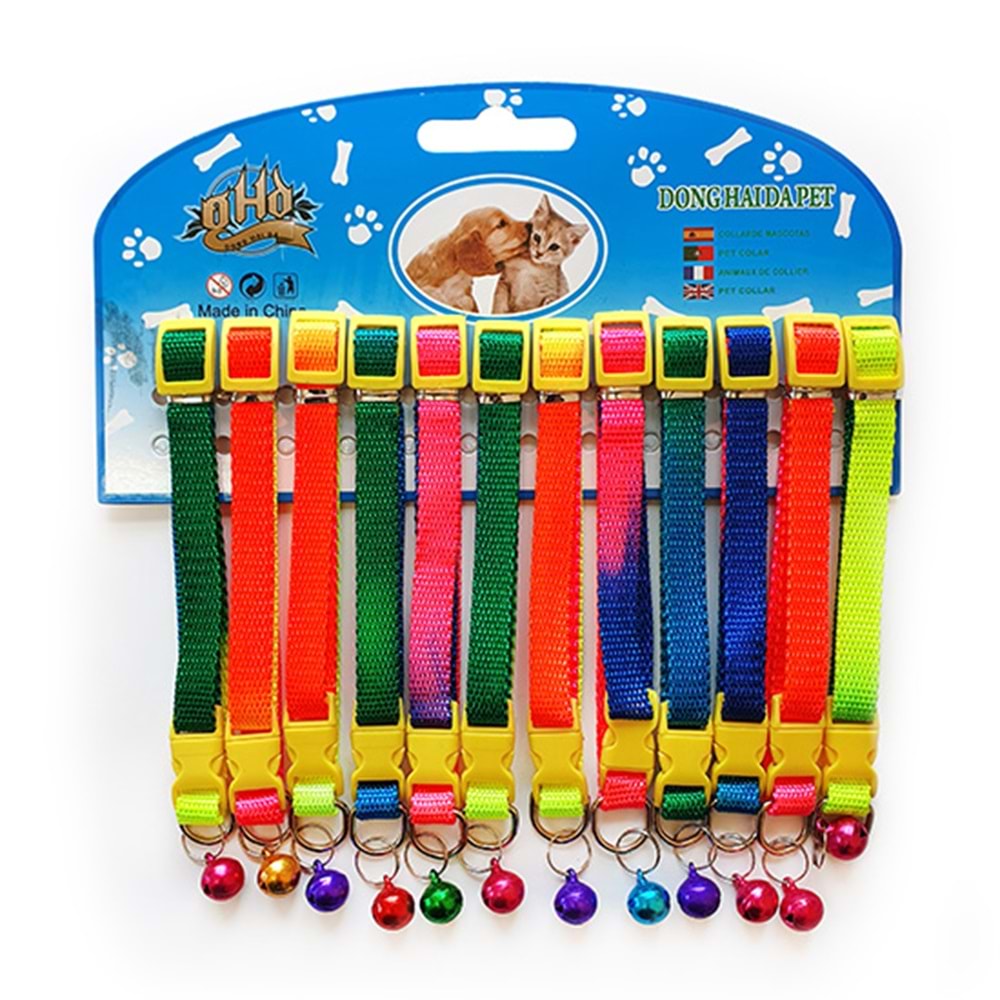 D-PETS RENKLİ ZİLLİ BOYUN TASMASI 12 Lİ KARTELA