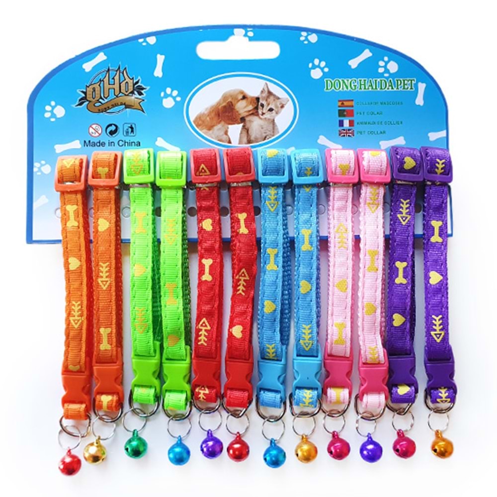 D-PETS KEMİK DESEN KEDİ BOYUN TASMASI 12 Lİ KARTELA